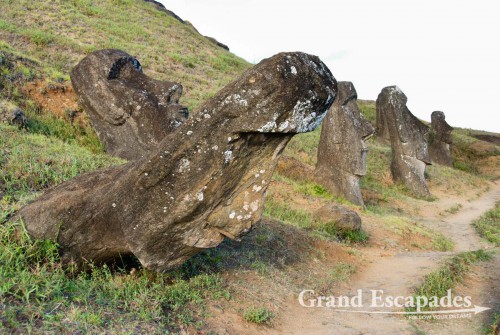 Rano Raraku, the quarry where all the Moais were carved from the volcanic stone, Rapa Nui or Easter Island, Pacific